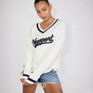 Garage White & Black Newport Oversized Knit Varsity Sweater